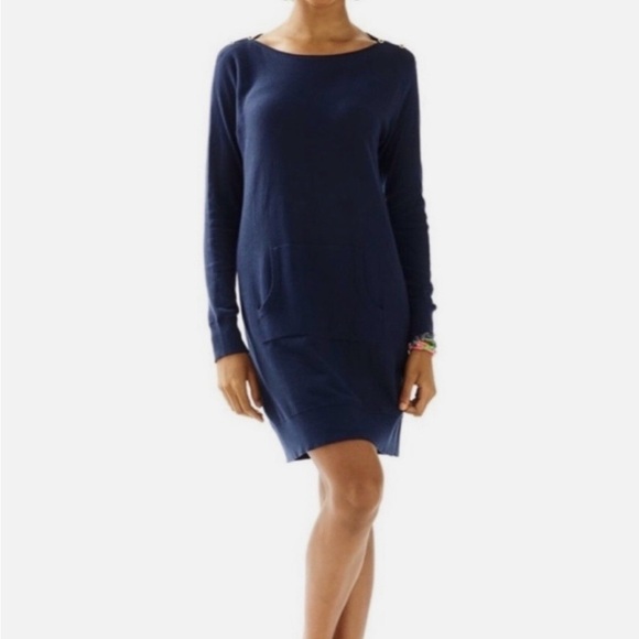 Elegant Navy Blue Dress Lilly Pulitzer Jupiter Sweater Dress Navy - Picture 2 of 6